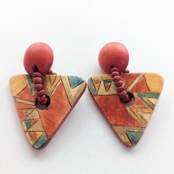 Vintage Estate Modernist Geometric Wooden Beaded Dangle Drop Post Stud Earrings - Picture 1 of 4